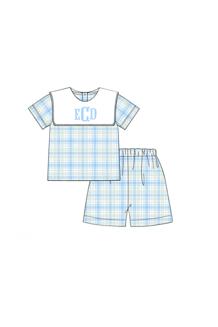 The Smocked Flamingo Apparel & Accessories Pre-Order Blue, Green and Yellow Plaid Bib Short Set