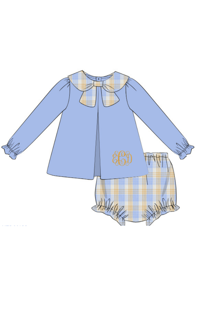The Smocked Flamingo Apparel & Accessories Pre-Order Blue Plaid Corduroy Bloomer Set