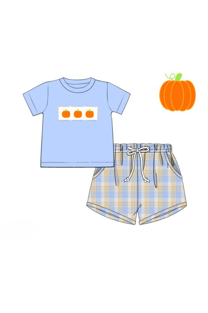 The Smocked Flamingo Apparel & Accessories Pre-Order Blue Plaid Pumpkin Sort Set