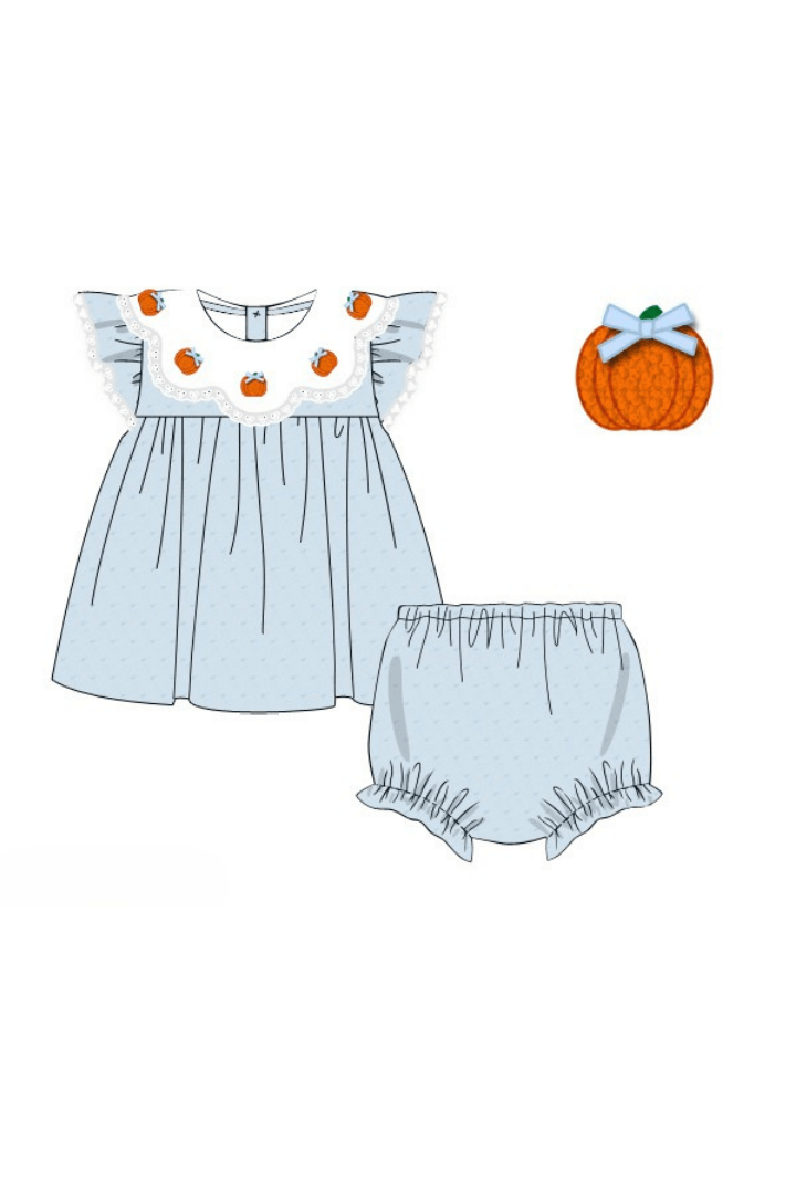 The Smocked Flamingo Apparel & Accessories Pre-Order Blue Scalloped Swiss Dot Pumpkin Bloomer Set