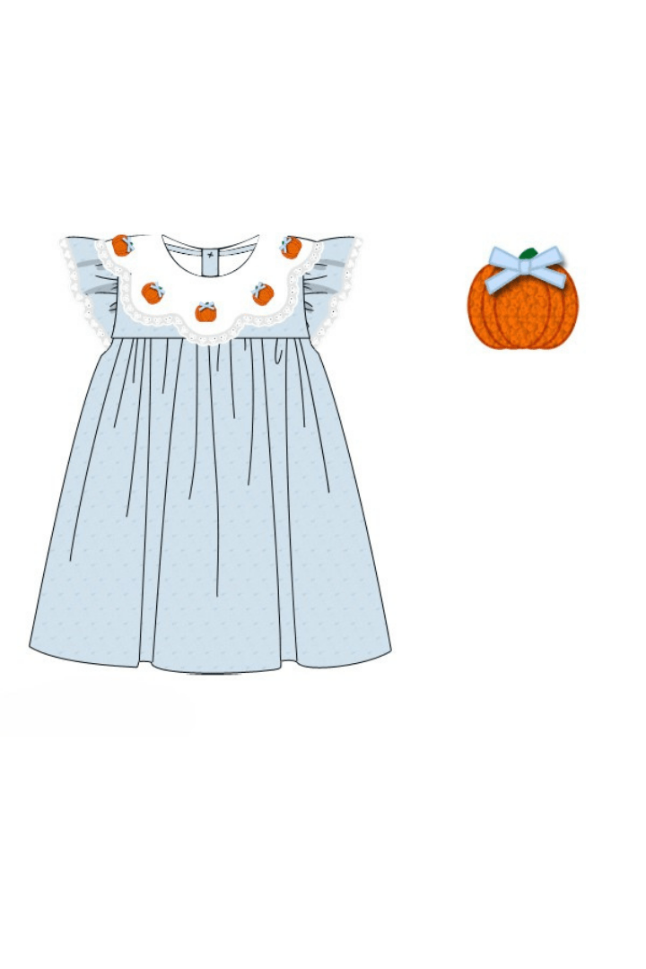 The Smocked Flamingo Apparel & Accessories Pre-Order Blue Scalloped Swiss Dot Pumpkin Dress