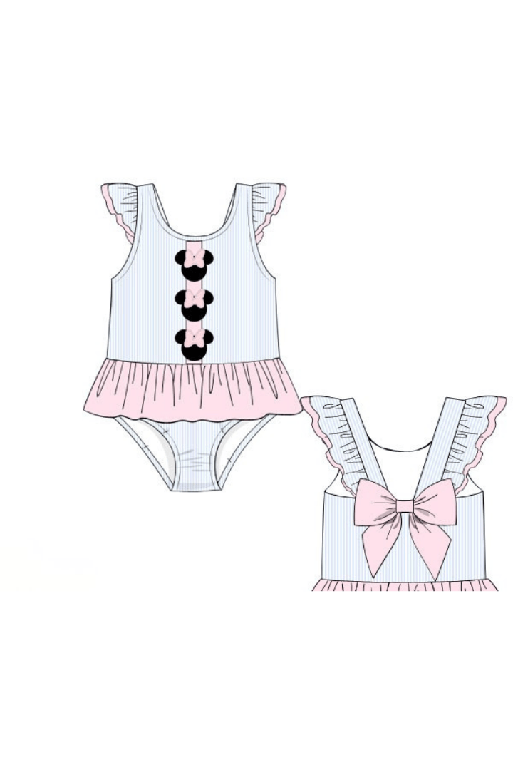 The Smocked Flamingo Apparel & Accessories Pre-Order Blue Stripe Pink Ruffle Mouse Swimsuit