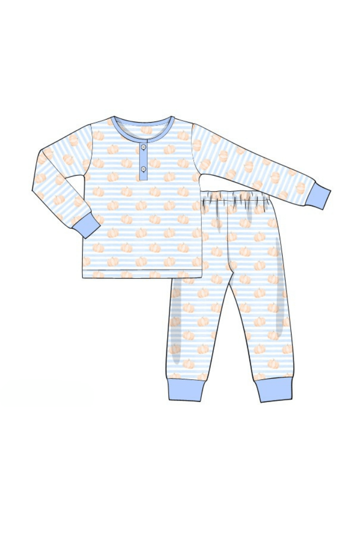 The Smocked Flamingo Apparel & Accessories Pre-Order Blue Stripe Pumpkin Pajama Set