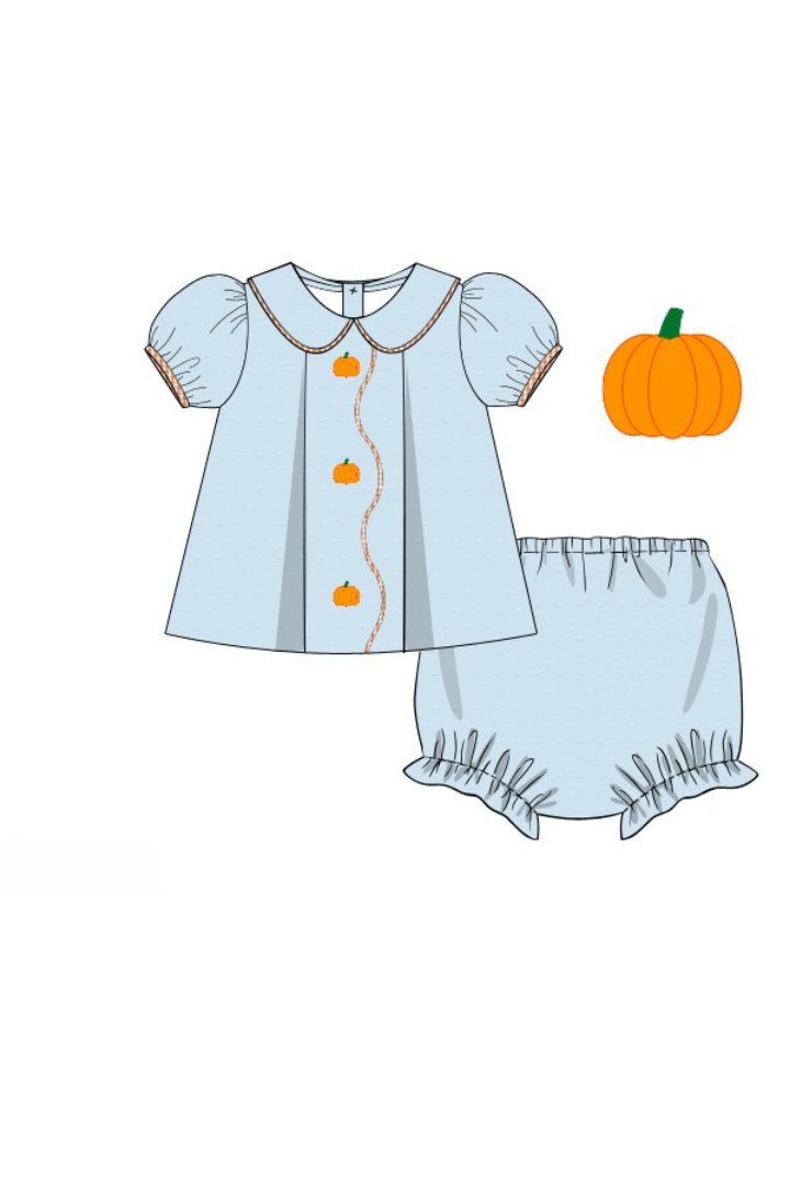 The Smocked Flamingo Apparel & Accessories Pre-Order Blue Swiss Dot Pumpkin Bloomer Set