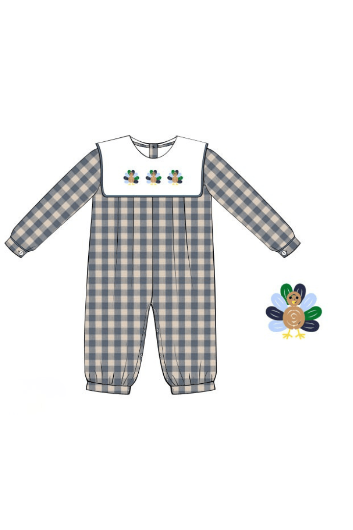 The Smocked Flamingo Apparel & Accessories Pre-Order Bullion Turkey Blue Linen Gingham Romper