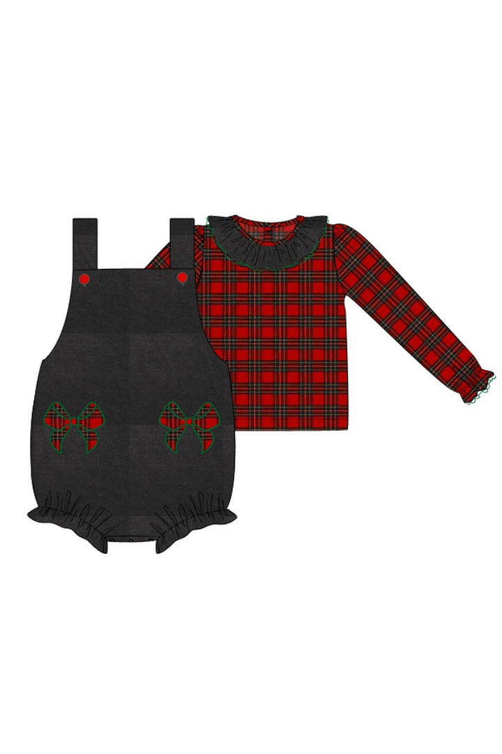 The Smocked Flamingo Apparel & Accessories Pre-Order Christmas Tartan Plaid Bow Navy Corduory 2pcs. Bubble