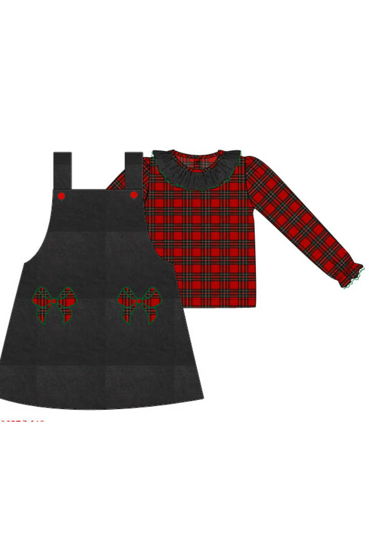 The Smocked Flamingo Apparel & Accessories Pre-Order Christmas Tartan Plaid Bow Navy Corduory 2pcs. Dress