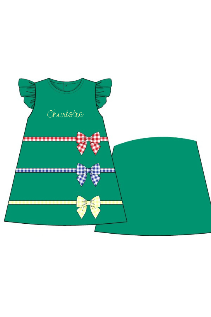 The Smocked Flamingo Apparel & Accessories Pre-Order Color Block Gingham Bow Green Knit Dress