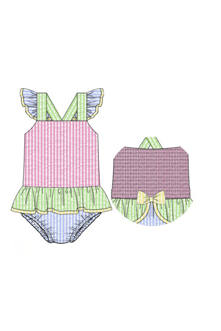 The Smocked Flamingo Apparel & Accessories Pre-Order Color Block Seersucker Ruffle Swimsuit