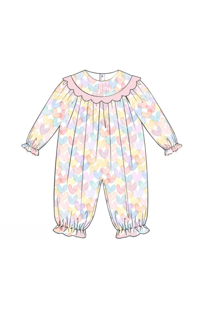 The Smocked Flamingo Apparel & Accessories Pre-Order Colorful Hearts Scalloped Romper