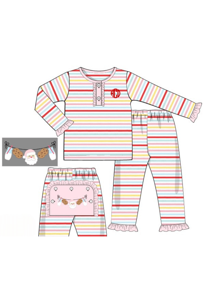 The Smocked Flamingo Apparel & Accessories Pre-Order Cookie and Milk Multi Color Stripe Ruffle Pajama Set