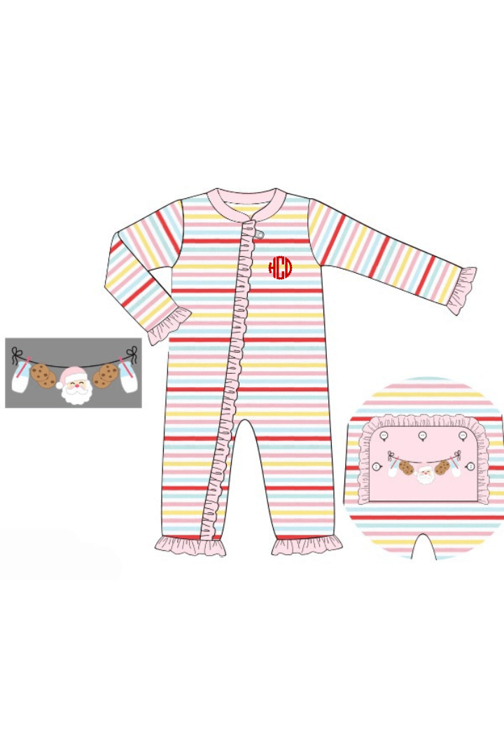 The Smocked Flamingo Apparel & Accessories Pre-Order Cookie and Milk Multi Color Stripe Ruffle Zippy Pajamas