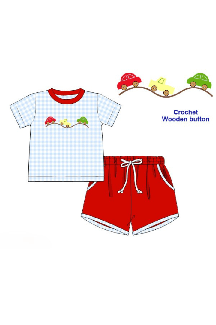The Smocked Flamingo Apparel & Accessories Pre-Order Crochet Cars Blue Gingham/Red Short Set
