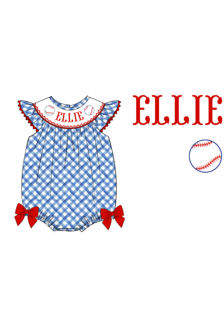 The Smocked Flamingo Apparel & Accessories Pre-Order Custom Personalized Team Baseball Blue Gingham Bow Bubble