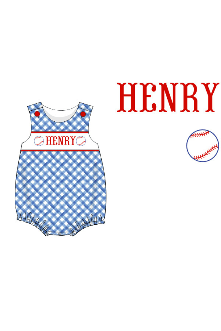 The Smocked Flamingo Apparel & Accessories Pre-Order Custom Personalized Team Baseball Blue Gingham Bow Bubble