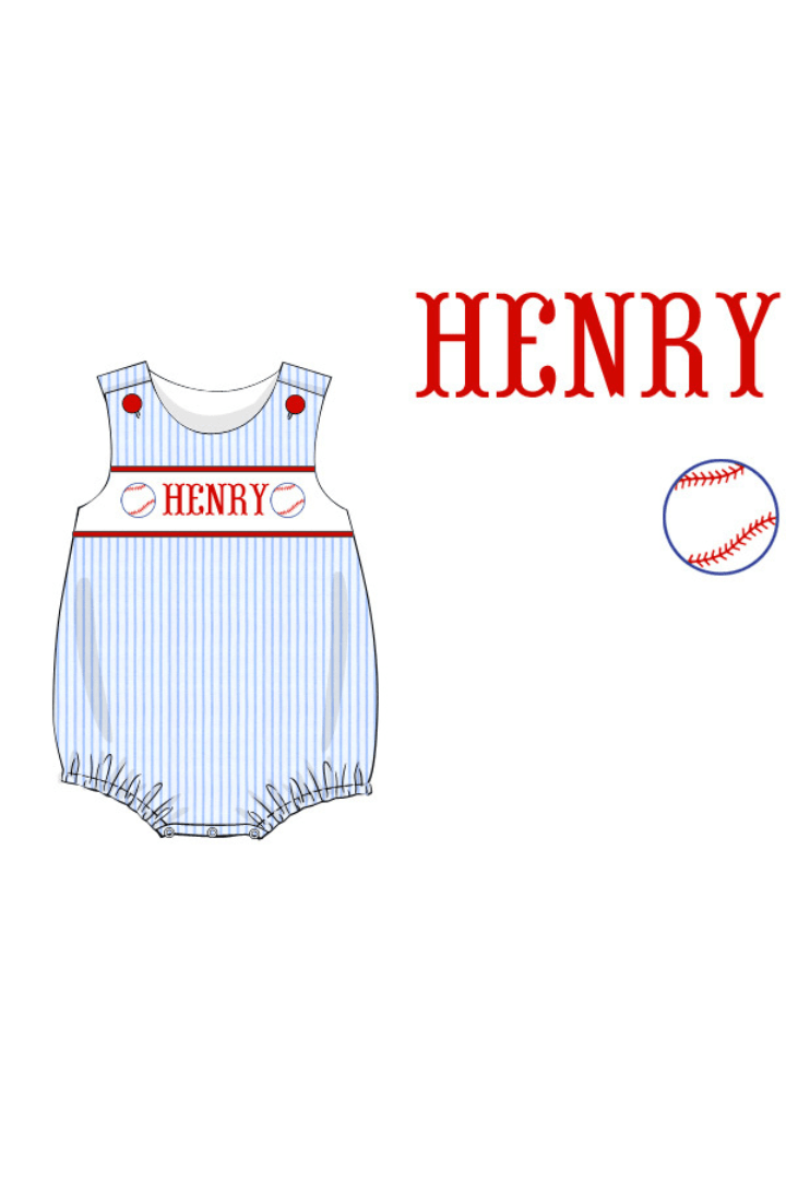 The Smocked Flamingo Apparel & Accessories Pre-Order Custom Personalized Team Baseball Blue Pinstripe Bow Bubble
