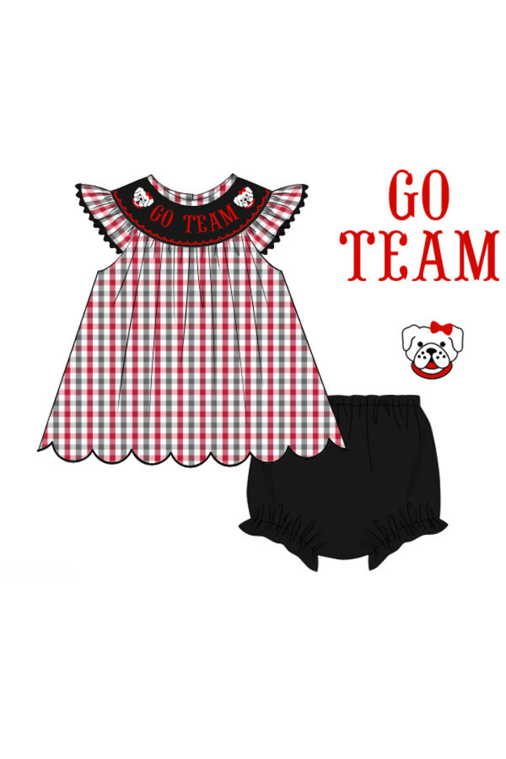 The Smocked Flamingo Apparel & Accessories Pre-Order Custom Personalized Team Dawgs Red/Black Plaid Bloomer Set