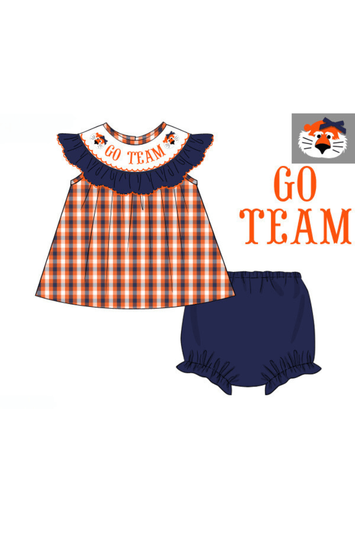 The Smocked Flamingo Apparel & Accessories Pre-Order Custom Personalized Team Navy and Orange Bloomer Set