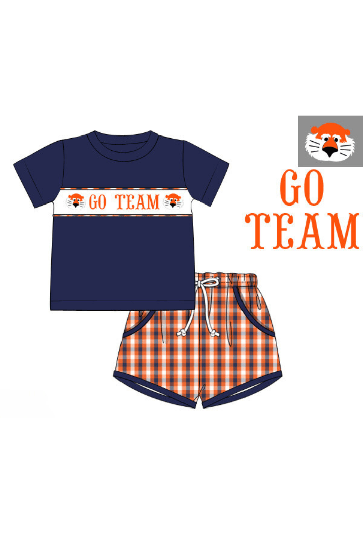 The Smocked Flamingo Apparel & Accessories Pre-Order Custom Personalized Team Navy and Orange Short Set