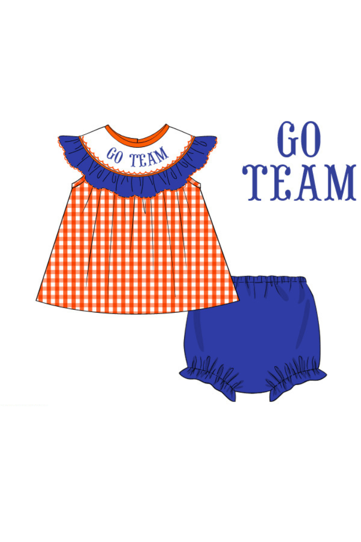 The Smocked Flamingo Apparel & Accessories Pre-Order Custom Personalized Team Orange and Blue Bloomer Set