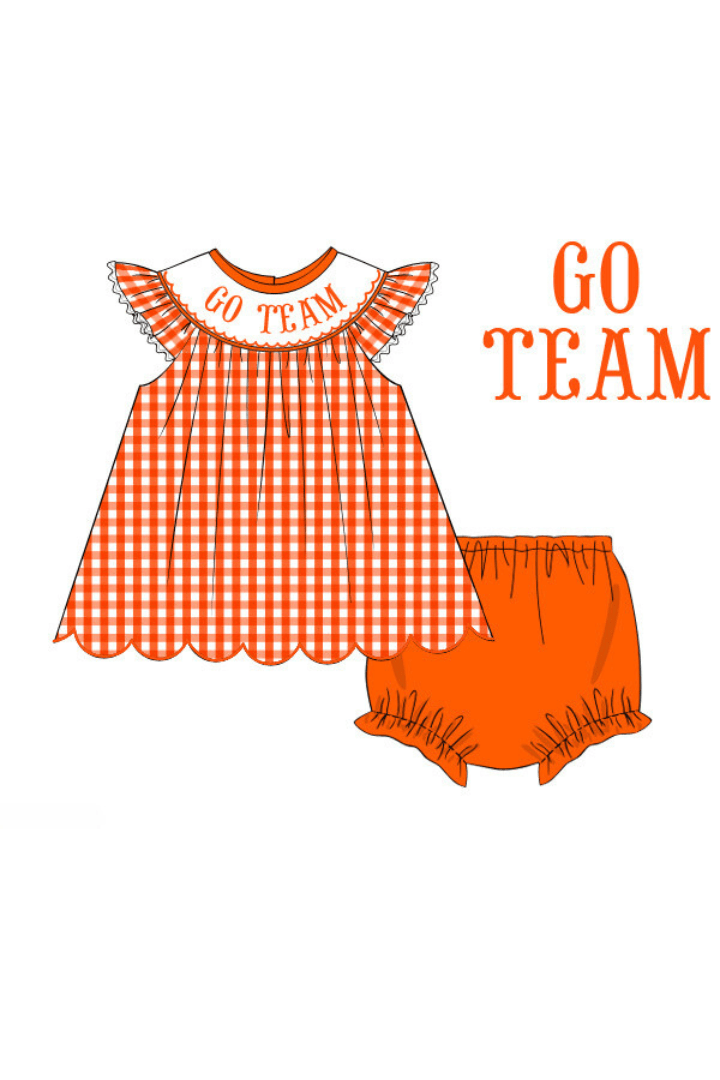 The Smocked Flamingo Apparel & Accessories Pre-Order Custom Personalized Team Orange and White Bloomer Set