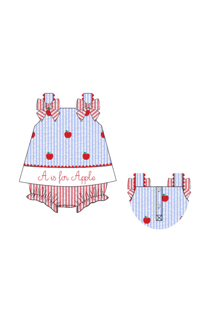 The Smocked Flamingo Apparel & Accessories Pre-Order Embroidered A is for Apple Seersucker Skirted Bubble