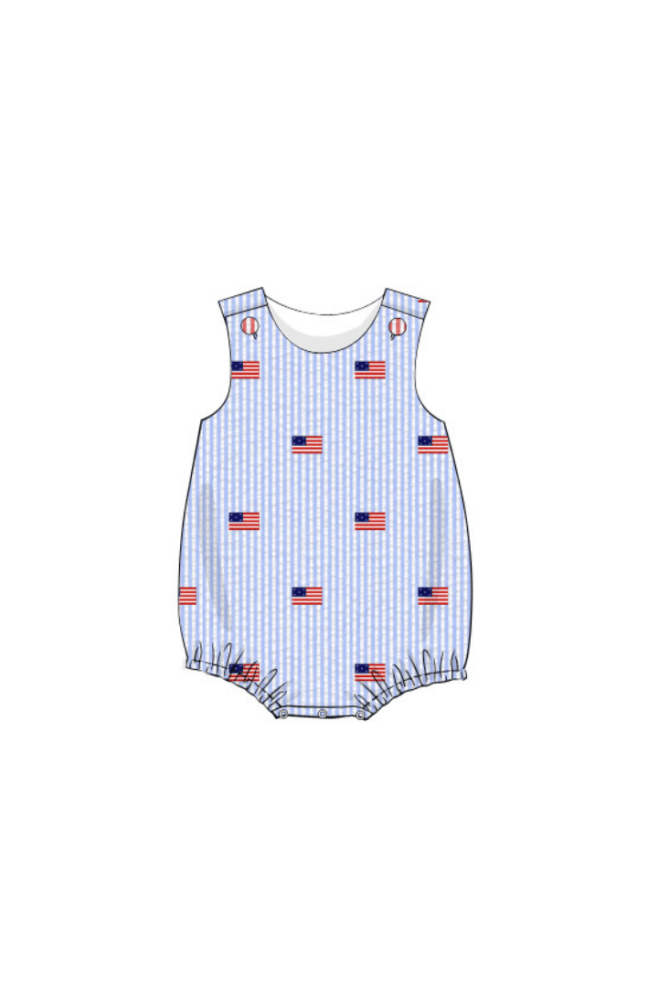 The Smocked Flamingo Apparel & Accessories Pre-Order Embroidered American Flag Blue Seersucker Bubble