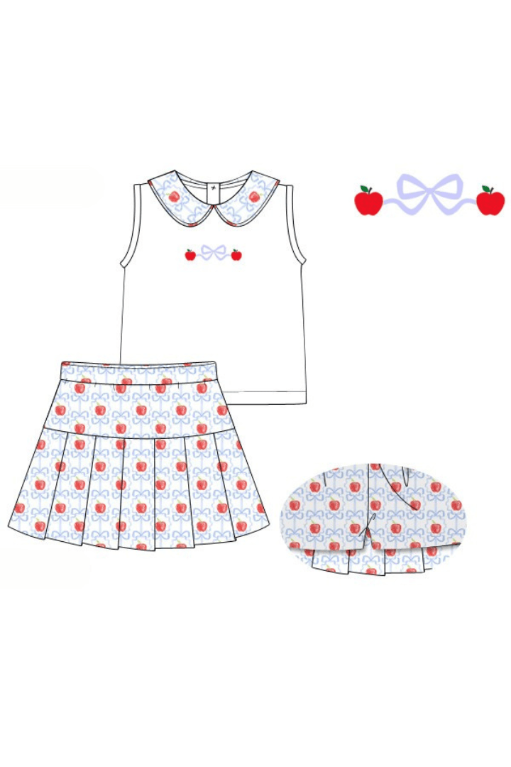 The Smocked Flamingo Apparel & Accessories Pre-Order Embroidered Apple Bow Skort Set