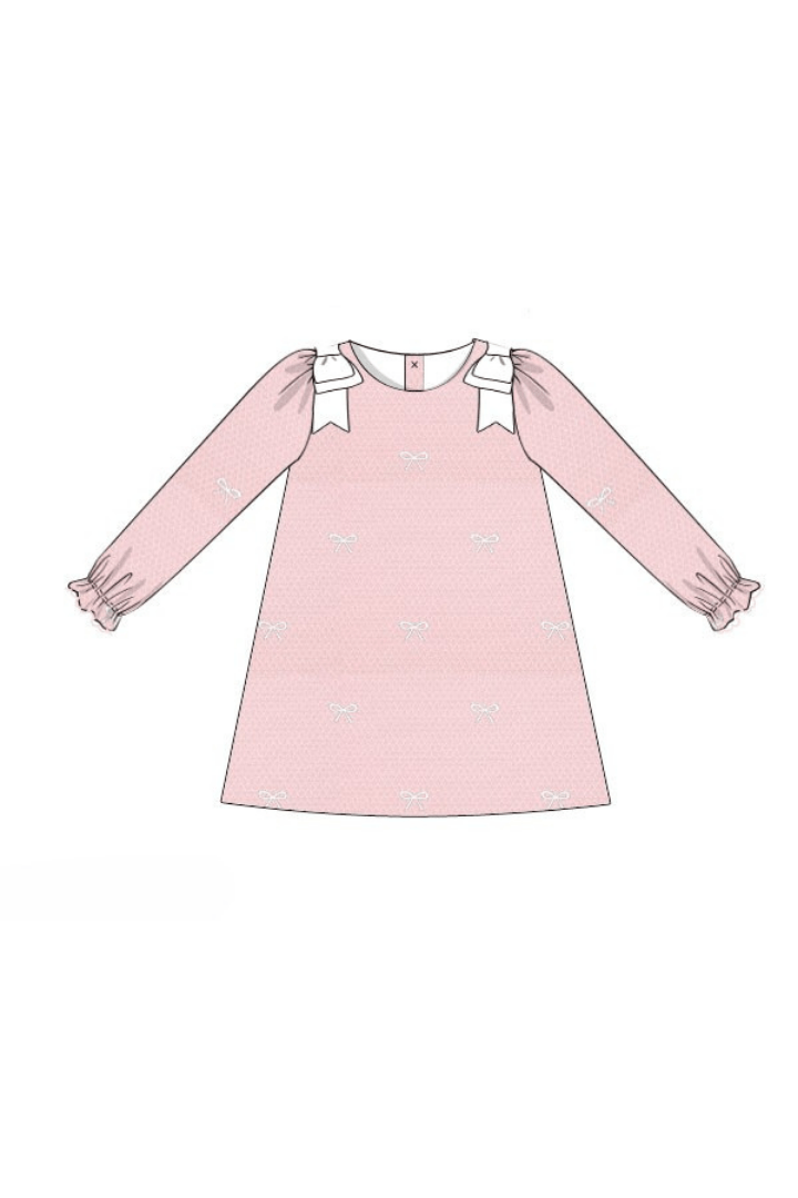 The Smocked Flamingo Apparel & Accessories Pre-Order Embroidered Bow Pink Honeycomb Long Sleeve Dress