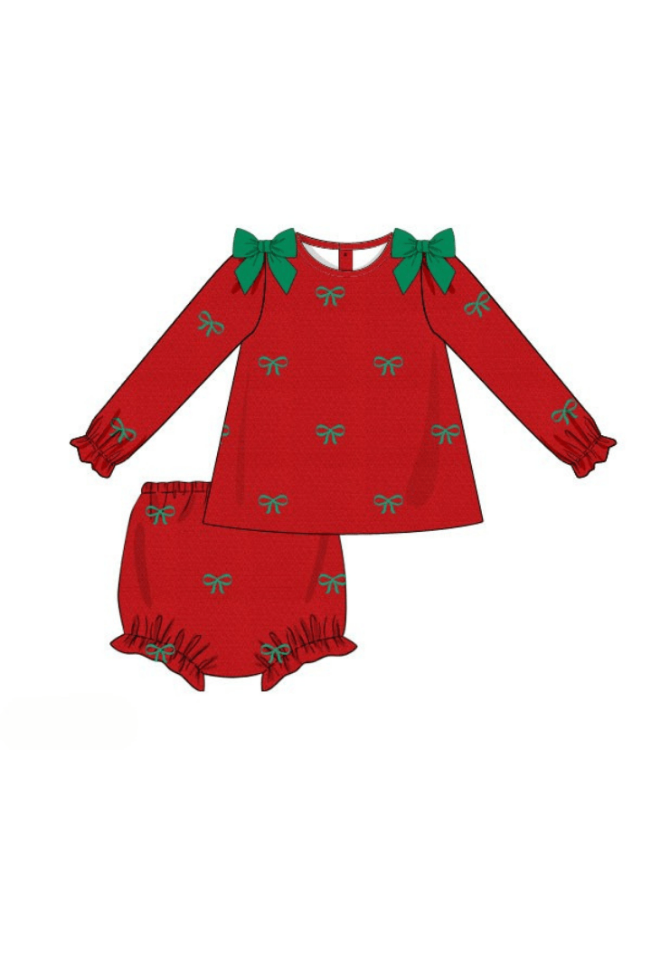The Smocked Flamingo Apparel & Accessories Pre-Order Embroidered Bows Red/Green Corduroy Bloomer Set