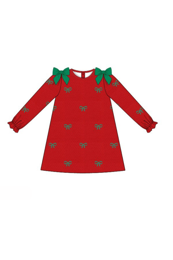 The Smocked Flamingo Apparel & Accessories Pre-Order Embroidered Bows Red/Green Corduroy Dress