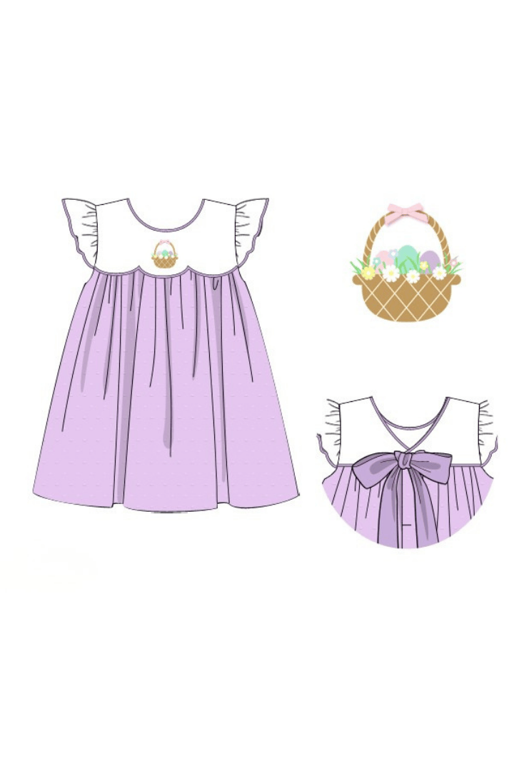 The Smocked Flamingo Apparel & Accessories Pre-Order Embroidered Easter Basket Lavender Swiss Dot Dress