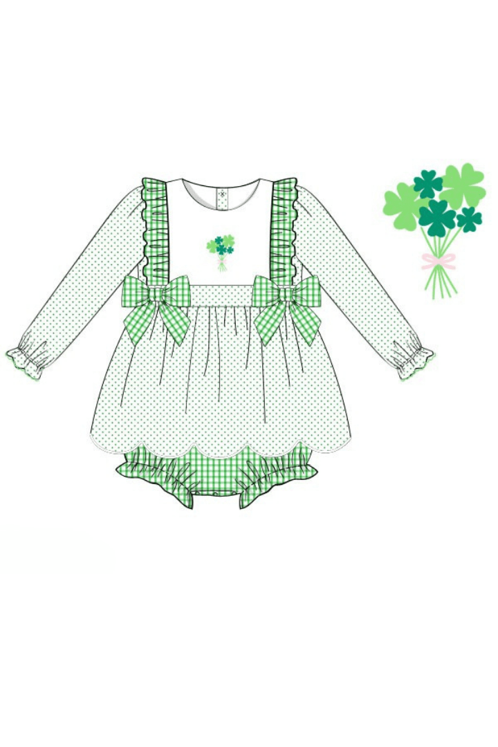 The Smocked Flamingo Apparel & Accessories Pre-Order Embroidered Four Leaf Clover Swiss Dot Scalloped Skirted Bubble