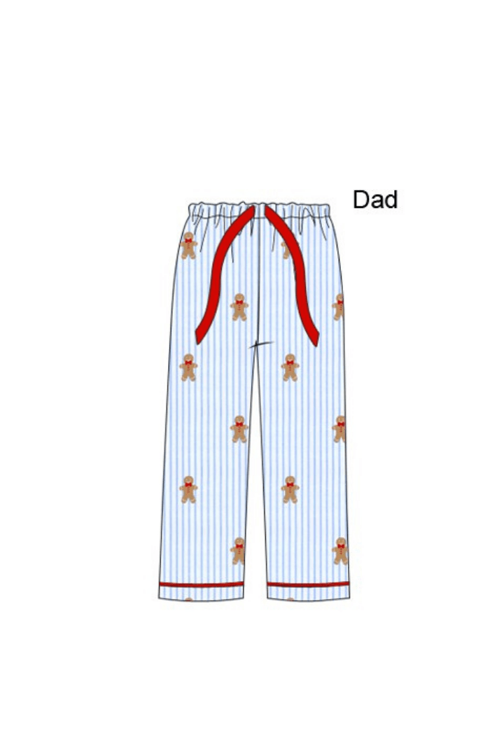 The Smocked Flamingo Apparel & Accessories Pre-Order Embroidered Gingerbread Blue Pinstripe Matching Dad Pajama Pants