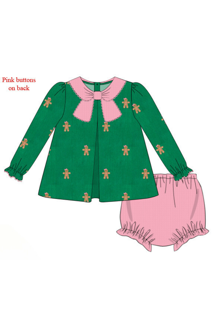 The Smocked Flamingo Apparel & Accessories Pre-Order Embroidered Gingerbread Green Corduroy Bloomer Set