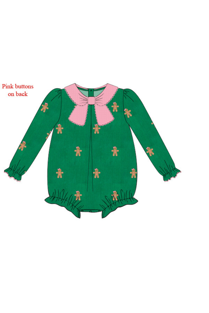 The Smocked Flamingo Apparel & Accessories Pre-Order Embroidered Gingerbread Green Corduroy Bubble
