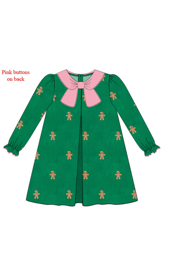 The Smocked Flamingo Apparel & Accessories Pre-Order Embroidered Gingerbread Green Corduroy Dress