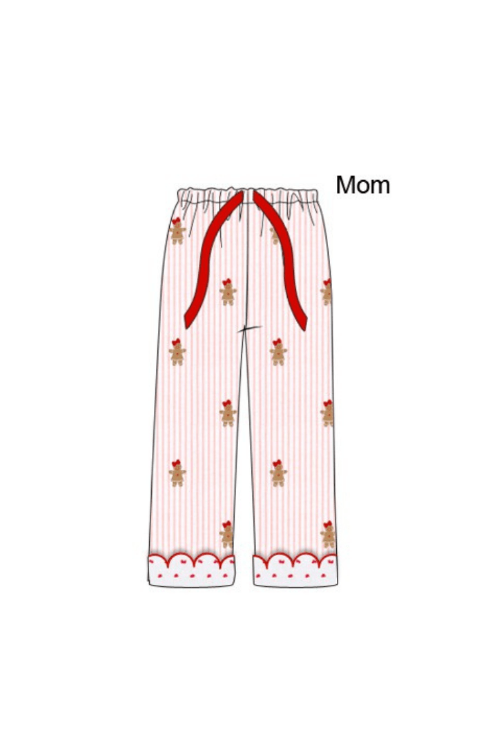 The Smocked Flamingo Apparel & Accessories Pre-Order Embroidered Gingerbread Pink Pinstripe Matching Mom Pajama Pants