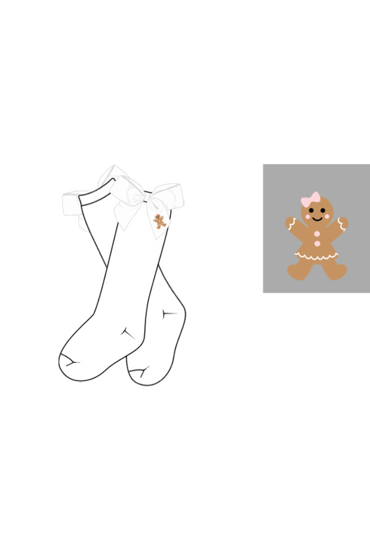 The Smocked Flamingo Apparel & Accessories Pre-Order Embroidered Gingerbread White Bow Socks