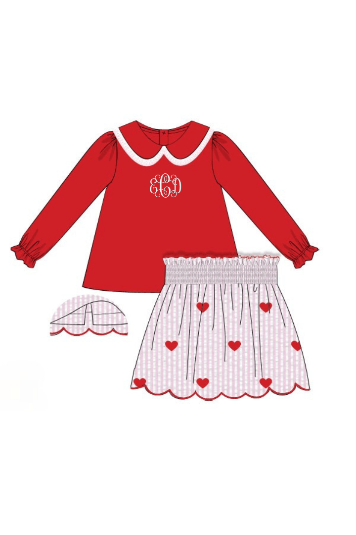 The Smocked Flamingo Apparel & Accessories Pre-Order Embroidered Heart Red and Pink Seersucker Skort Set