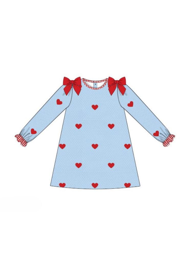 The Smocked Flamingo Apparel & Accessories Pre-Order Embroidered Hearts Blue Honeycomb Dress