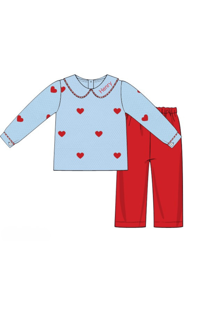 The Smocked Flamingo Apparel & Accessories Pre-Order Embroidered Hearts Blue Honeycomb Pant Set