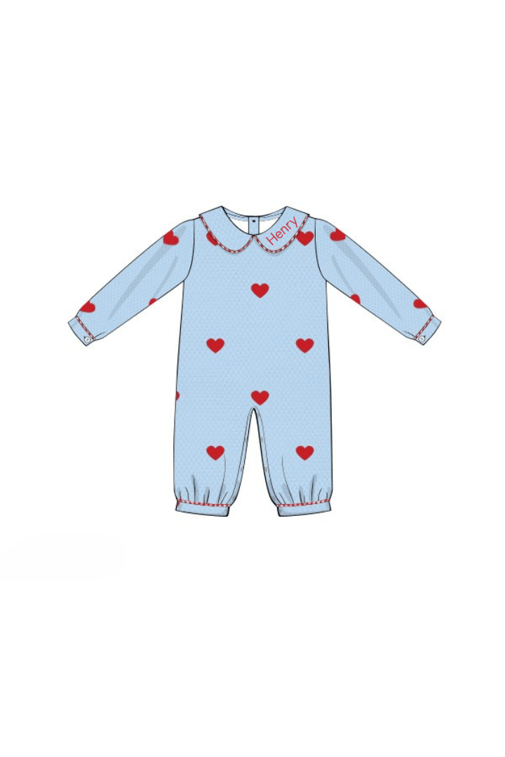The Smocked Flamingo Apparel & Accessories Pre-Order Embroidered Hearts Blue Honeycomb Romper