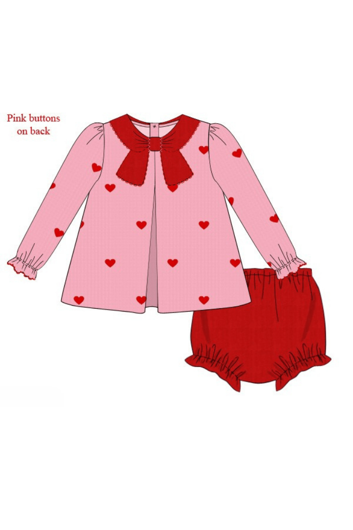 The Smocked Flamingo Apparel & Accessories Pre-Order Embroidered Hearts Pink and Red Corduroy Bloomer Set