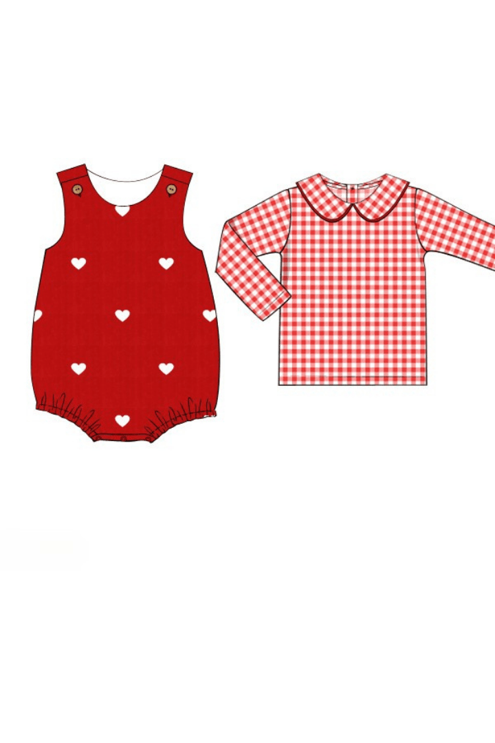 The Smocked Flamingo Apparel & Accessories Pre-Order Embroidered Hearts Red Corduroy 2 Pcs Bubble Set