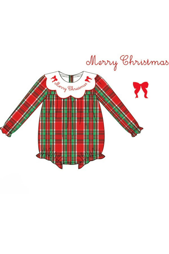 The Smocked Flamingo Apparel & Accessories Pre-Order Embroidered Merry Christmas Plaid Bubble