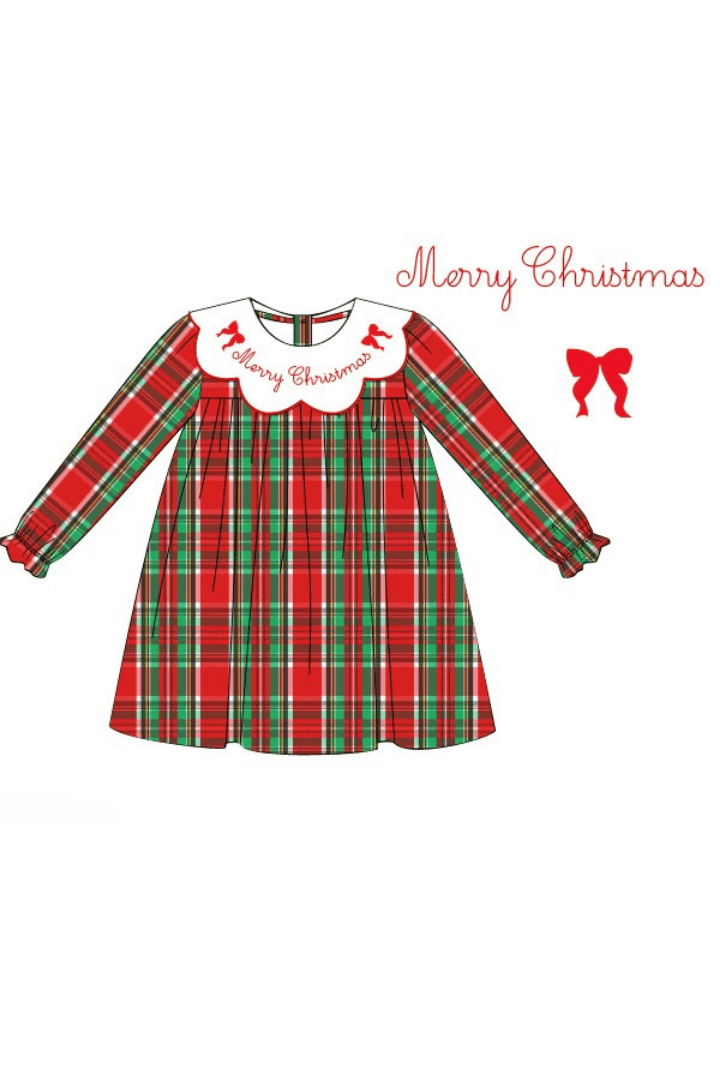 The Smocked Flamingo Apparel & Accessories Pre-Order Embroidered Merry Christmas Plaid Dress