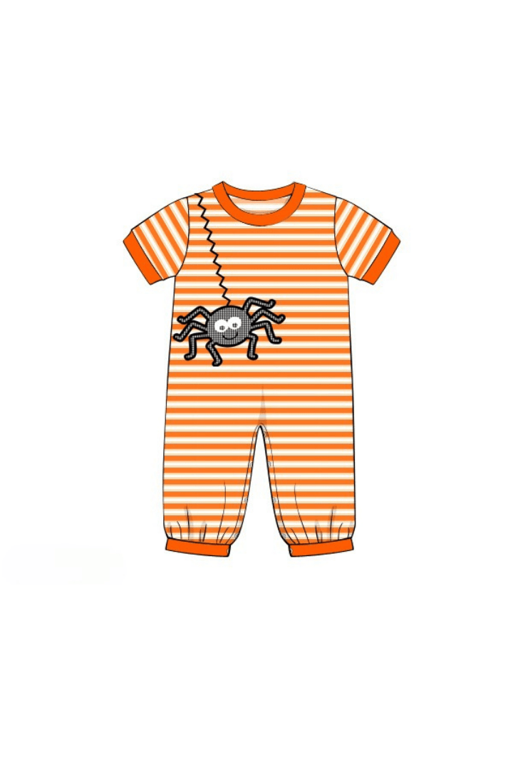 The Smocked Flamingo Apparel & Accessories Pre-Order Embroidered Orange Stripe Spider Romper