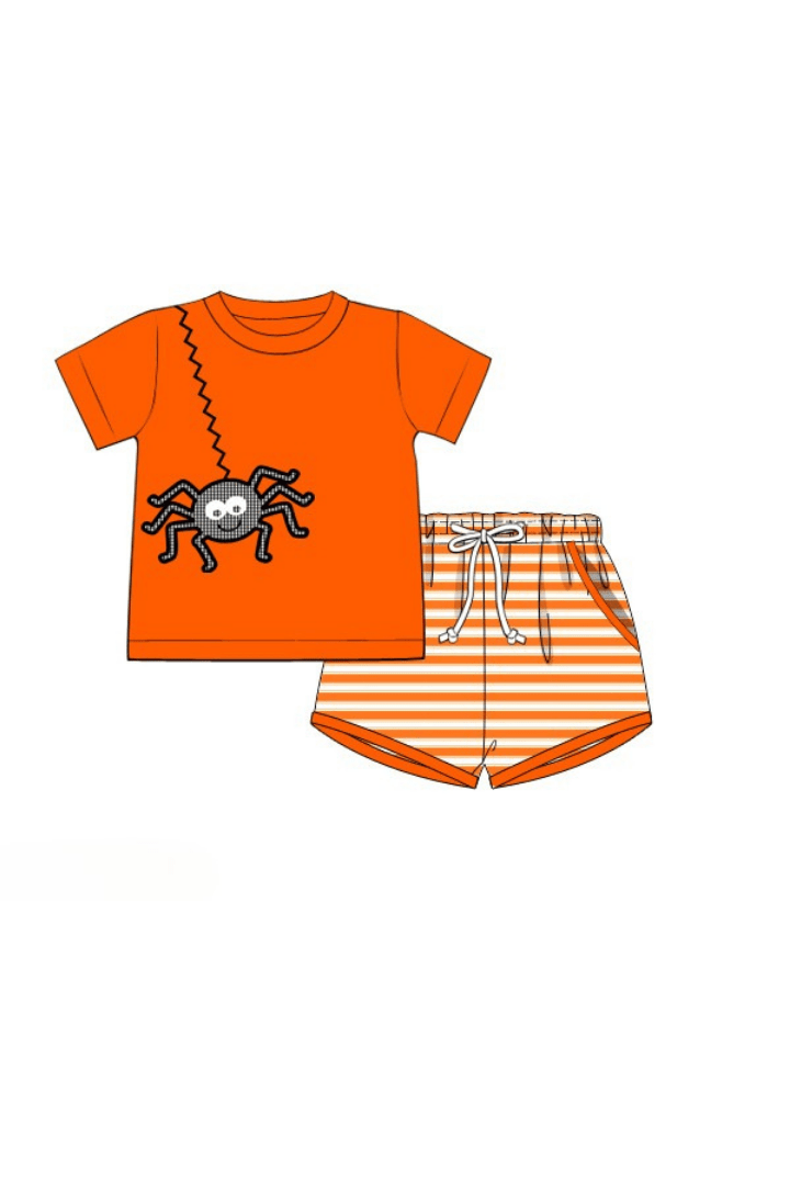 The Smocked Flamingo Apparel & Accessories Pre-Order Embroidered Orange Stripe Spider Short Set
