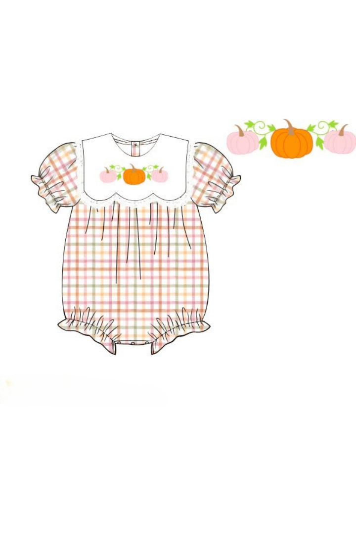 The Smocked Flamingo Apparel & Accessories Pre-Order Embroidered Plaid Pumpkin Bubble